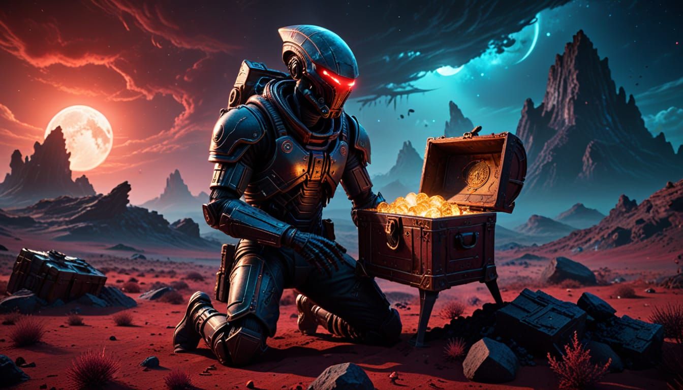 Alien Explorer Discovers Treasure (Acid Ink Style)