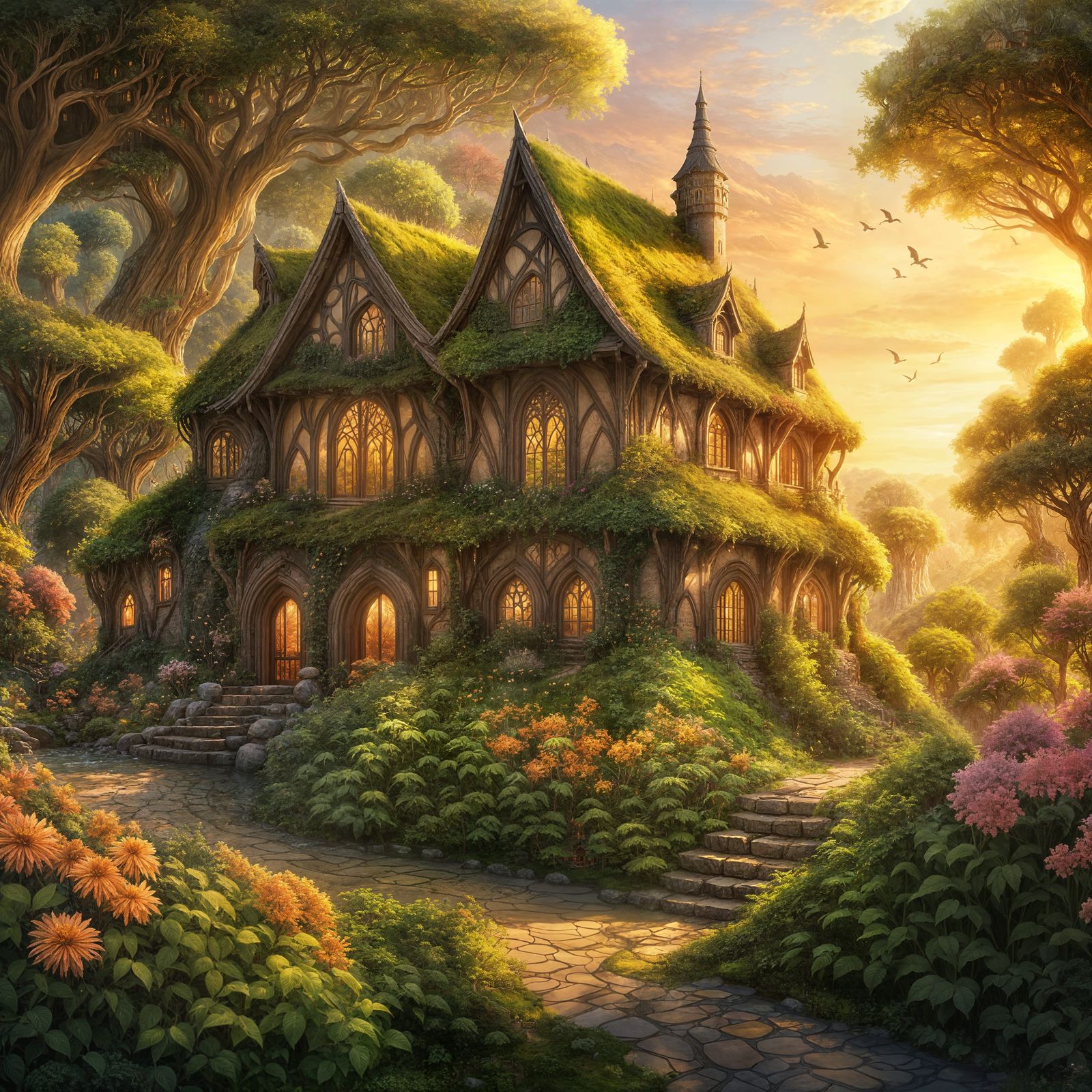 Elven House at Sunset in Detailed Fantasy Art