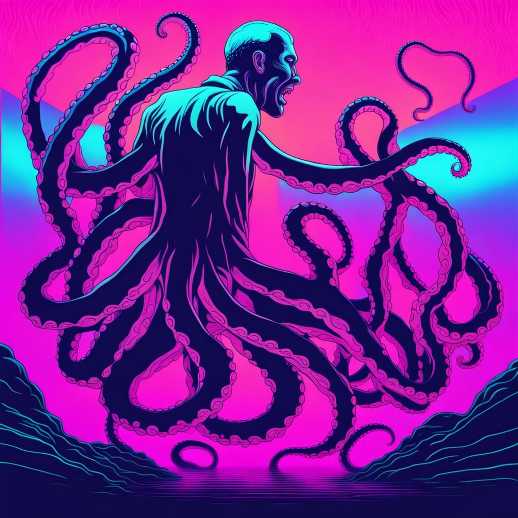 Terrified Man Strangled by Octopus in Synthwave Style