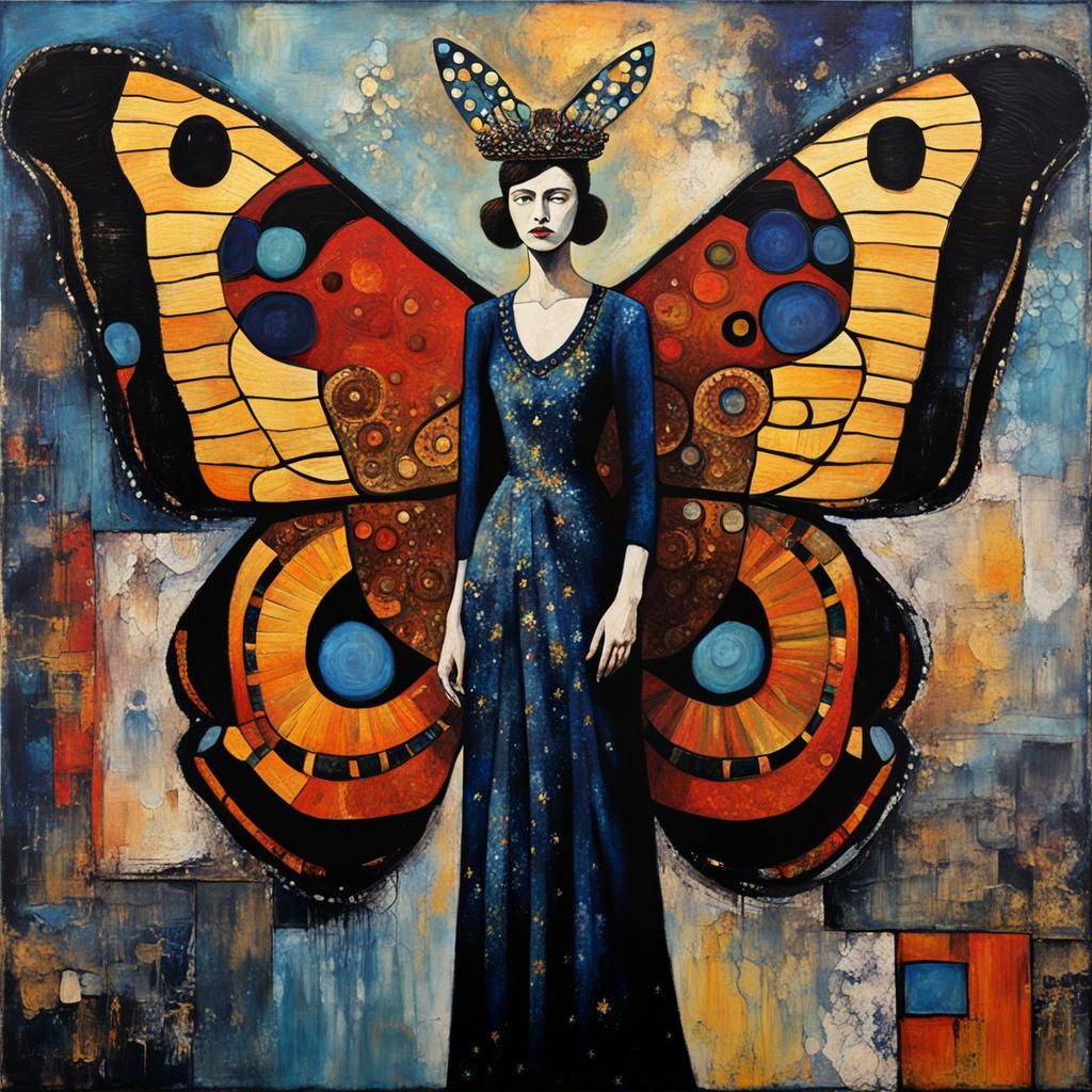 Empress Moth Woman Portrait in Abstract Expressionist Style