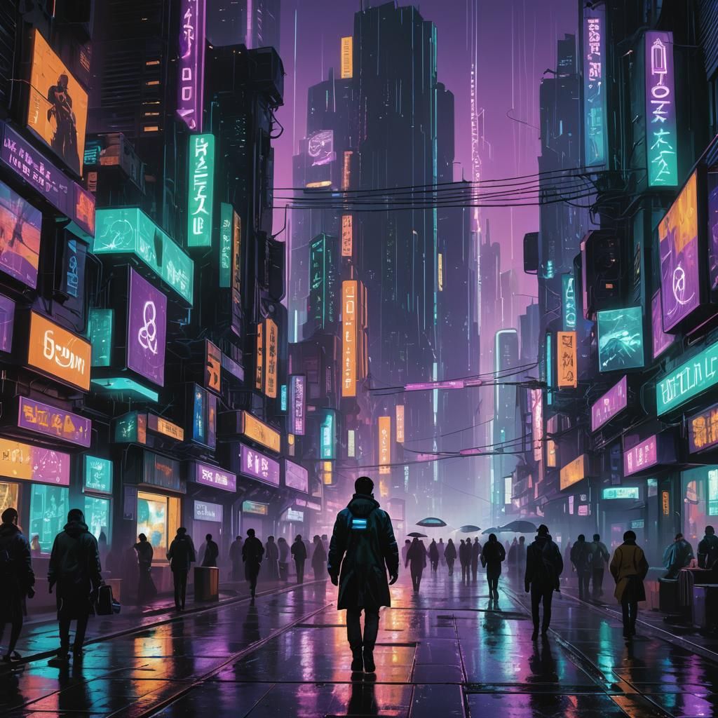 Cyberpunk Cityscape with Bitcoin Logos and Neon Lights