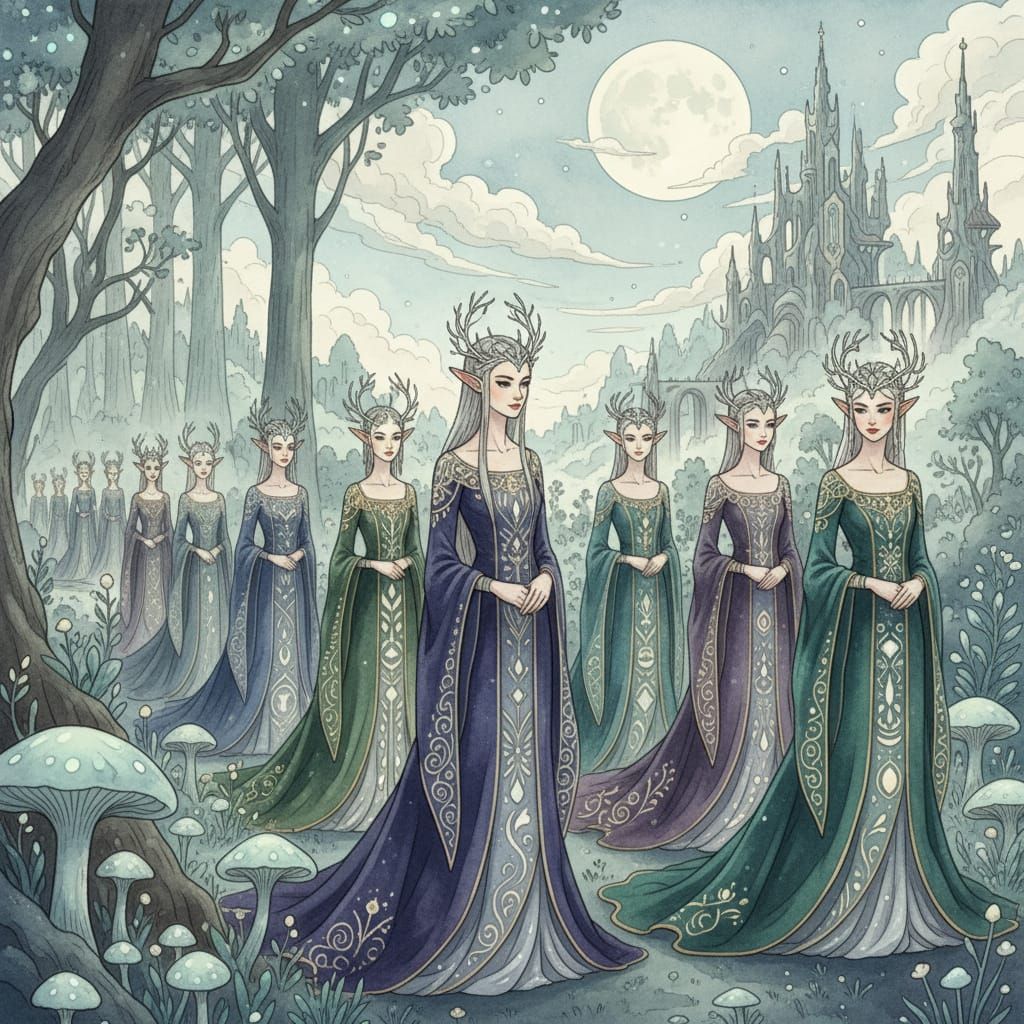 Elegant Elves in Moonlit Kingdoms, Watercolor Style