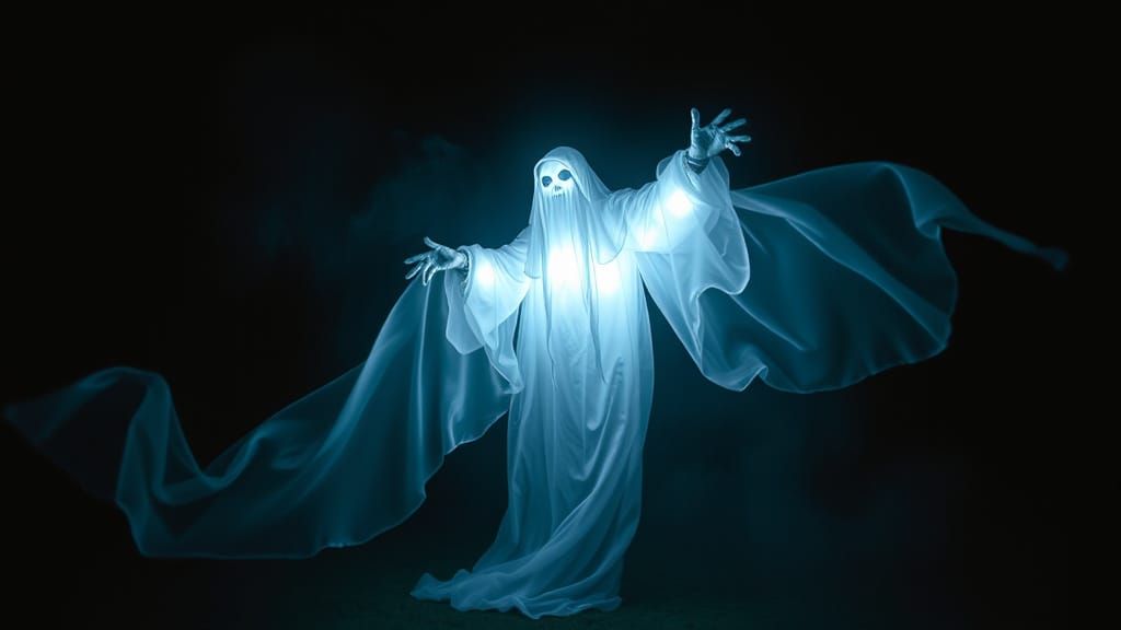 Ethereal ghost, fantasy art, Dramatic lighting, shadows, Glowing and floating through the darkness. Moody, atmospheric c...