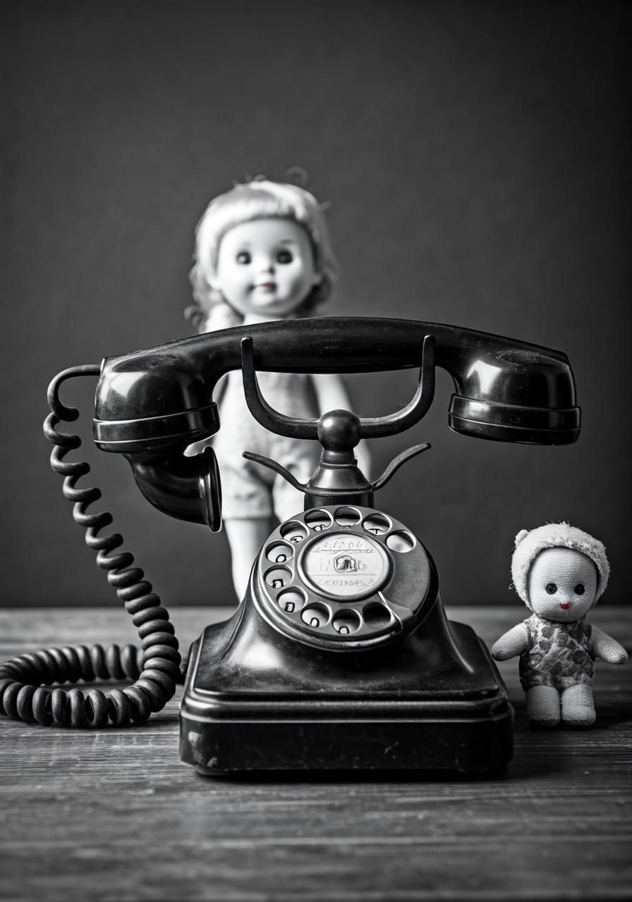 Vintage Telephone and Doll in Black and White