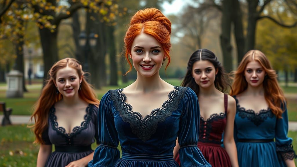 Victorian Mother and Daughters Stroll in Enchanted Park