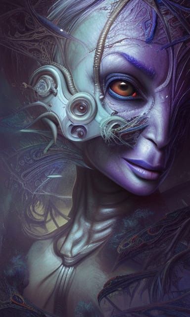 Four-Eyed Alien Woman Takes Selfie in Magical Realism