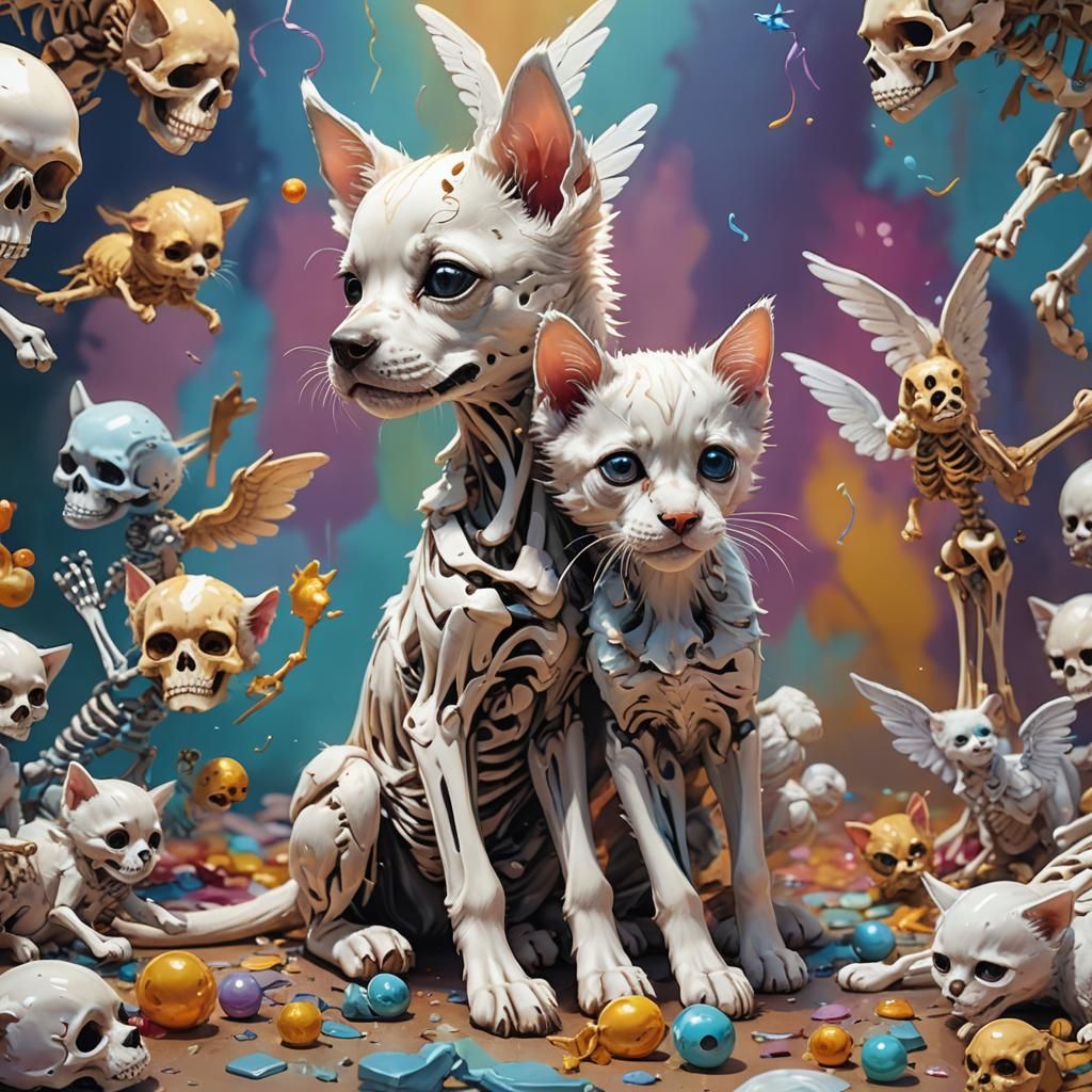 Adorable Angel Puppy and Kitten Skeletons in Splash Art