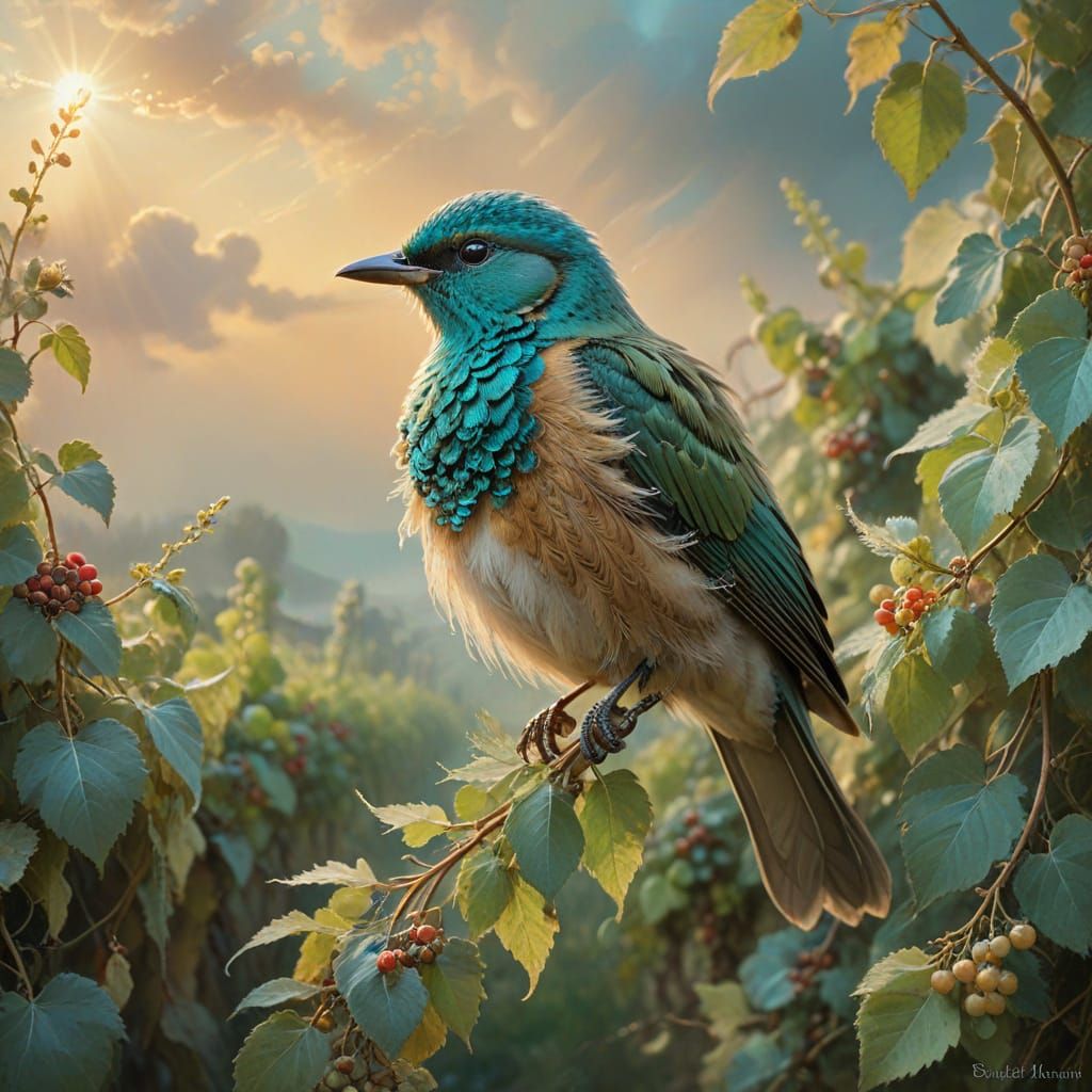 Turquoise Bird in Serene Vineyard Scene