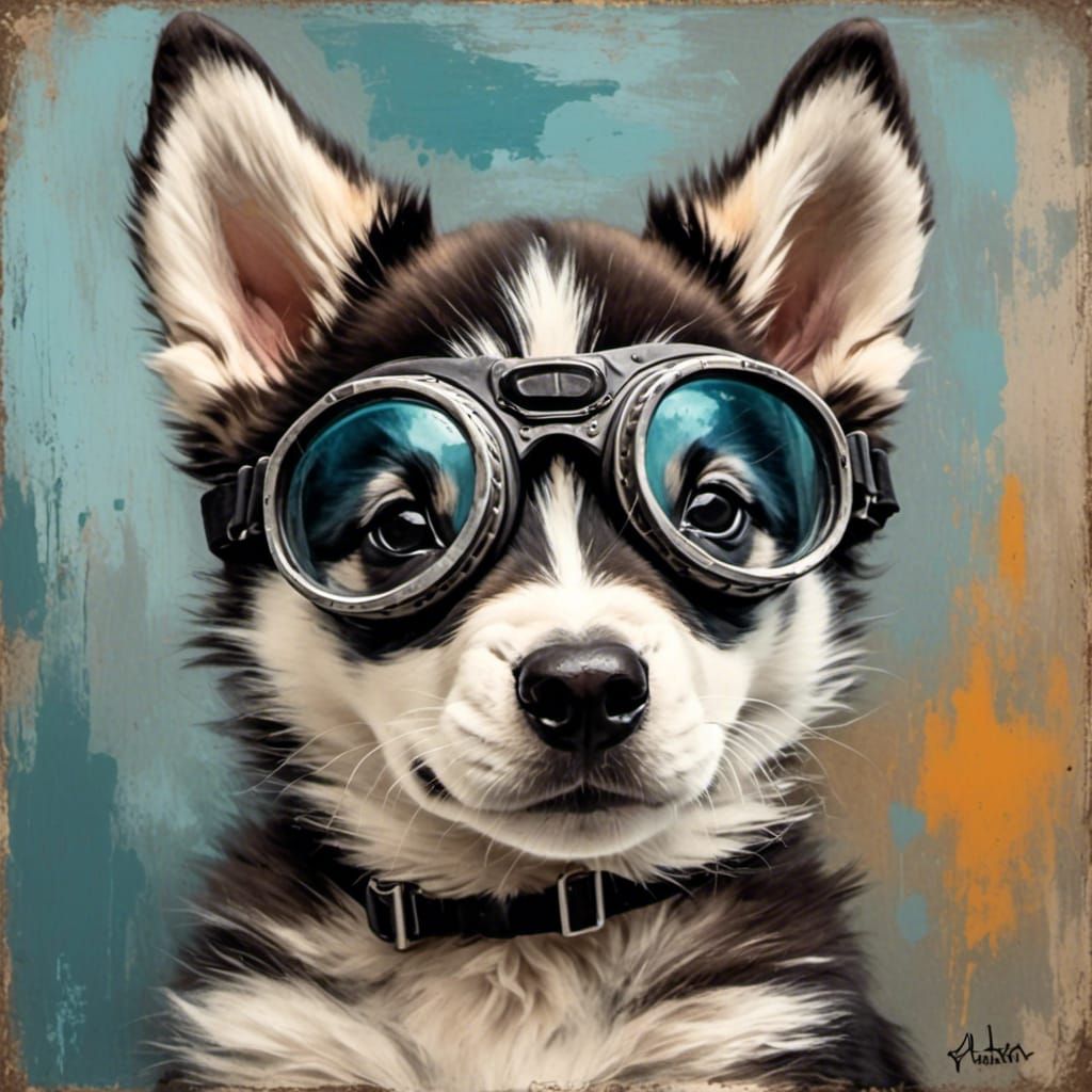 Adorable Alaskan Husky puppy with goggles