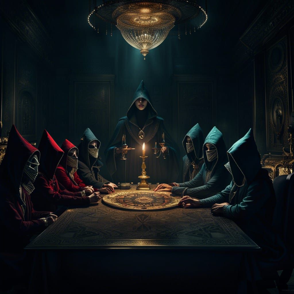 Illuminati Meeting in Shadowy Room: Fantasy Concept Art