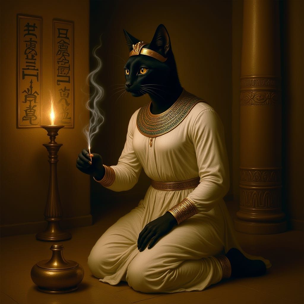 A divine Egyptian priestess with the head of a sleek black c...