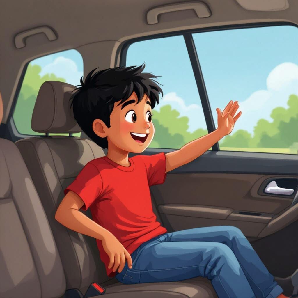 Joyful Ride: Boy in Car, Flat 2D Illustration