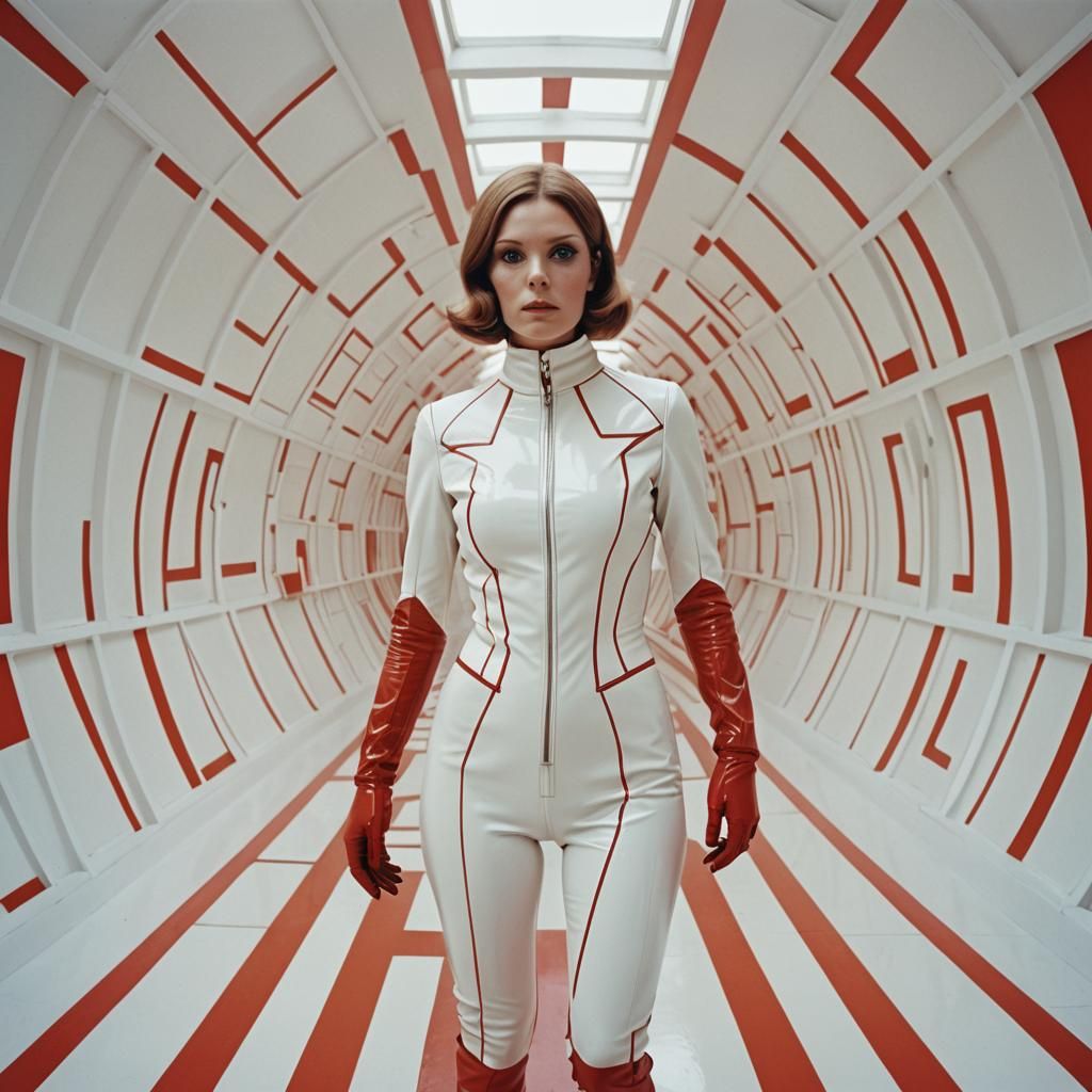 1960s Fashion Photo in Latex Suit, Geometric Design