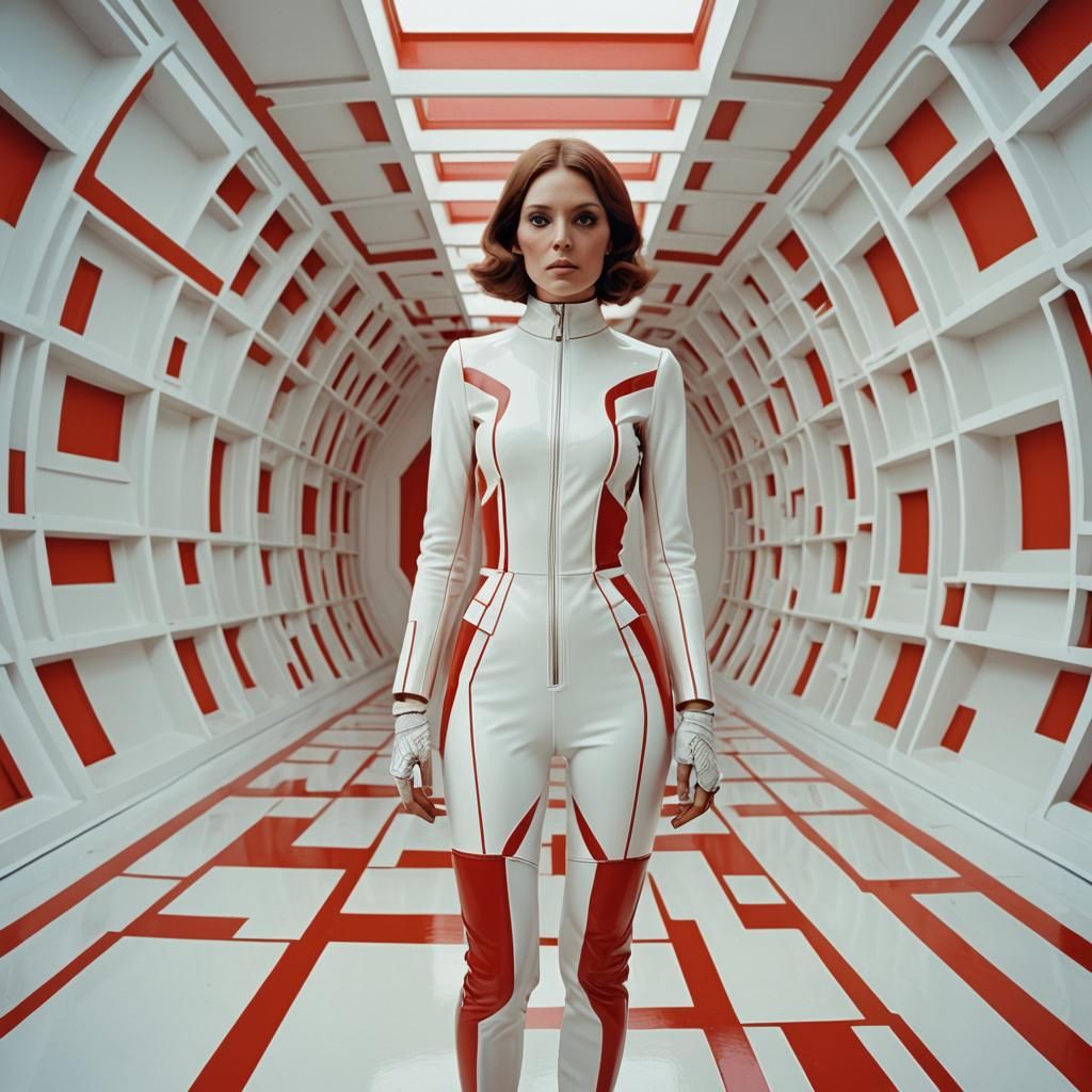 1960s Fashion Photo in Latex Suit, Geometric Design