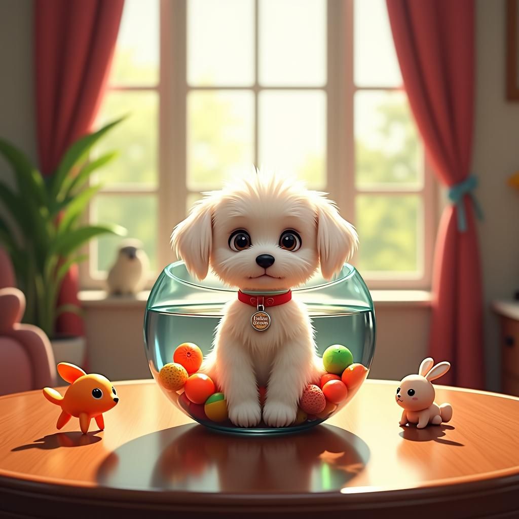 Maltese Puppy in Fishbowl, Hyper-realistic 3D Anime Art