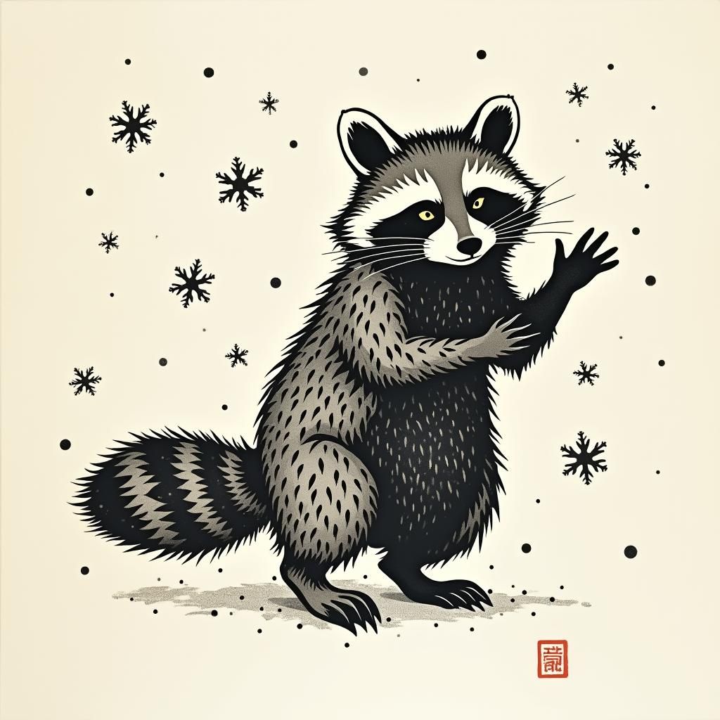 japanese woodcut inspired raccoon playing in stylized fallin...