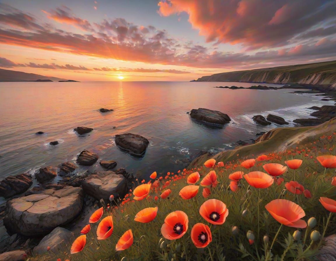 Surreal Sunset Landscape with Vibrant Poppies in a Peaceful ...