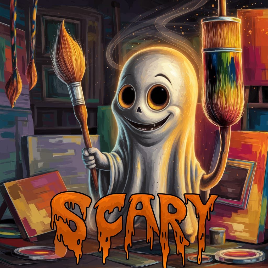 At the bottom of the canvas, the large word "SCARY"  in a dripping horror font. Bold font. Triple-thick light orange out...