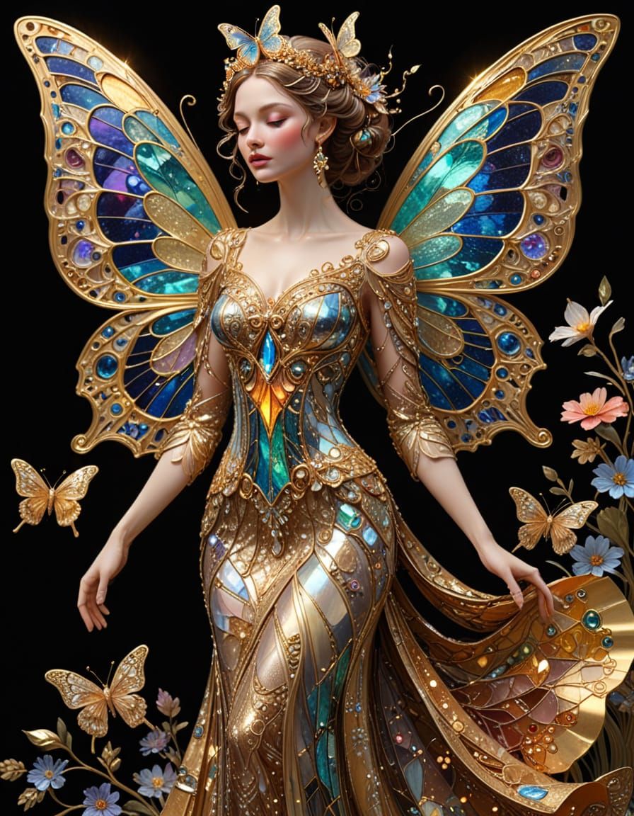 Art Nouveau Queen in Shimmering Stained Glass Gown