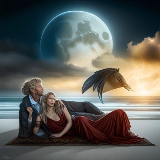 Winged Horses on Rainy Beach, Photoreal Fantasy Art