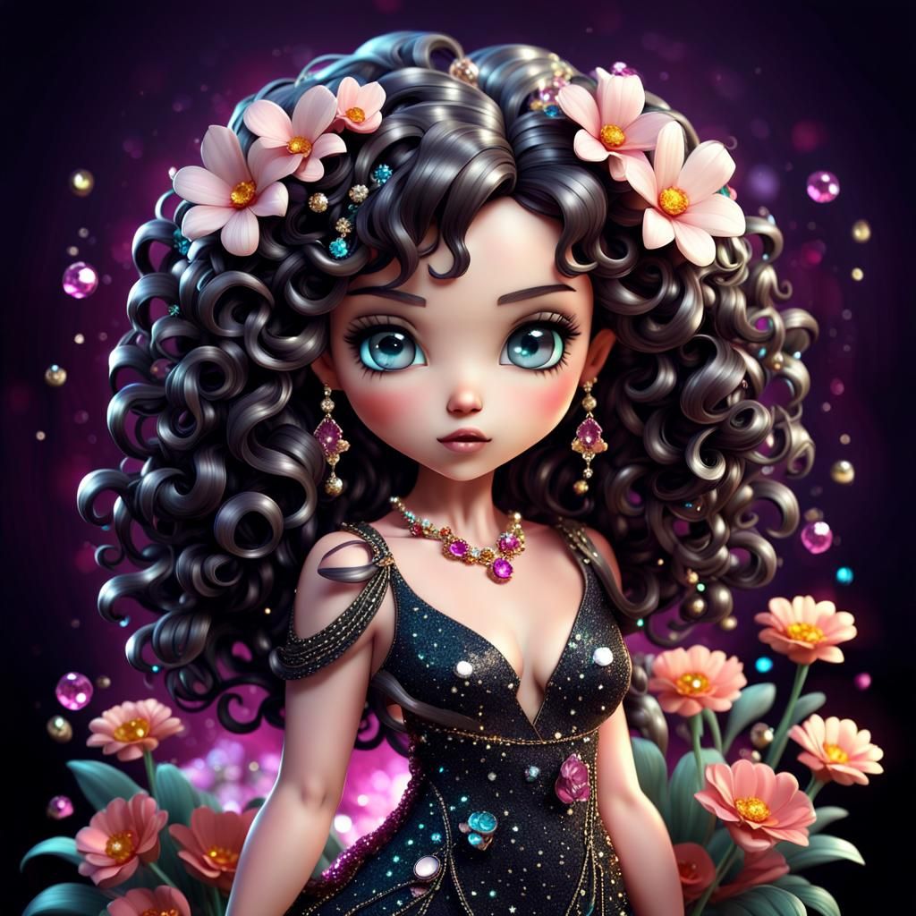 Beautiful Chibi Woman with Flowers and Jewels