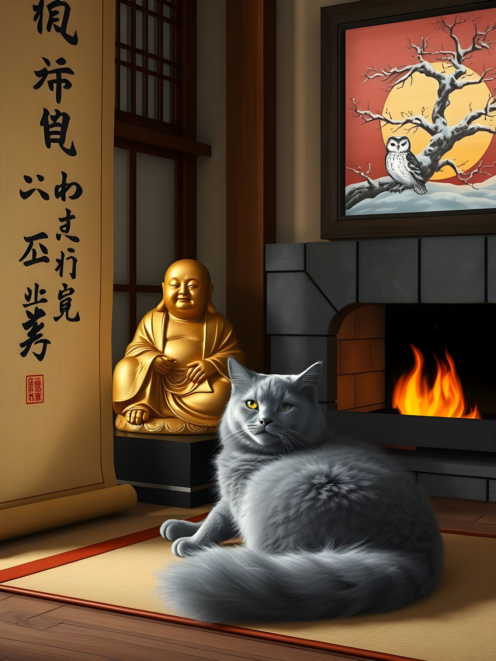 Plump Gray Tabby Cat on Ancient Japanese Scroll
