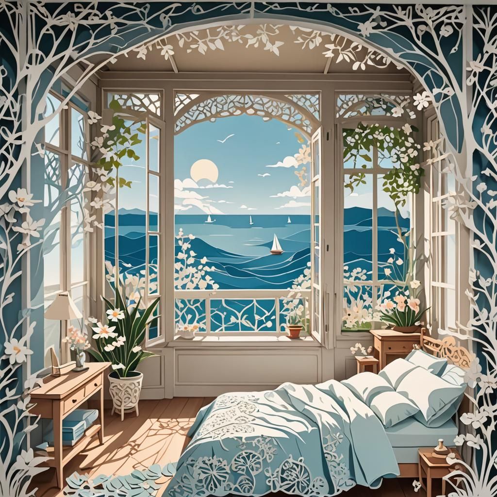 A Papercut, Omigami illustration of a dream room, summer, op...