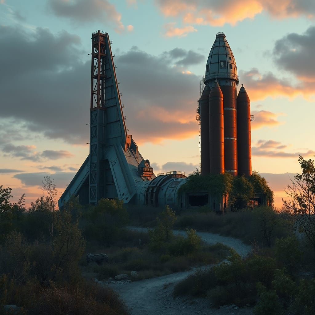Majestic Abandoned Cosmodrome at Dusk in Industrial Futurism...