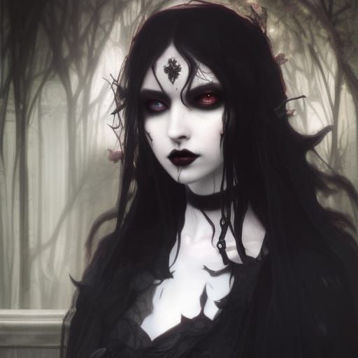 Gothic Hecate with long black hair& black eyes& smoky black eyeshadow very beautifully done& Black eyeliner very beautif...