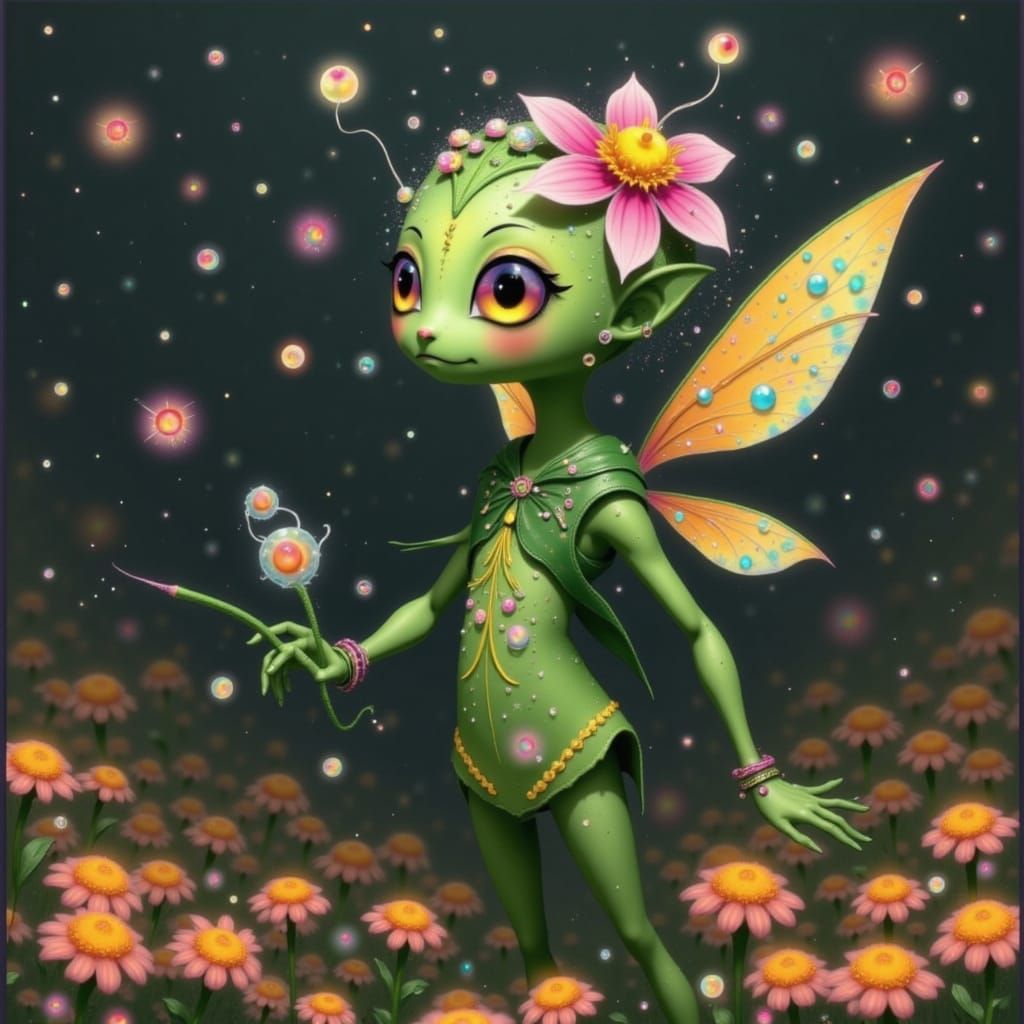 A free-spirited green alien fairy covered with wildflowers. ...
