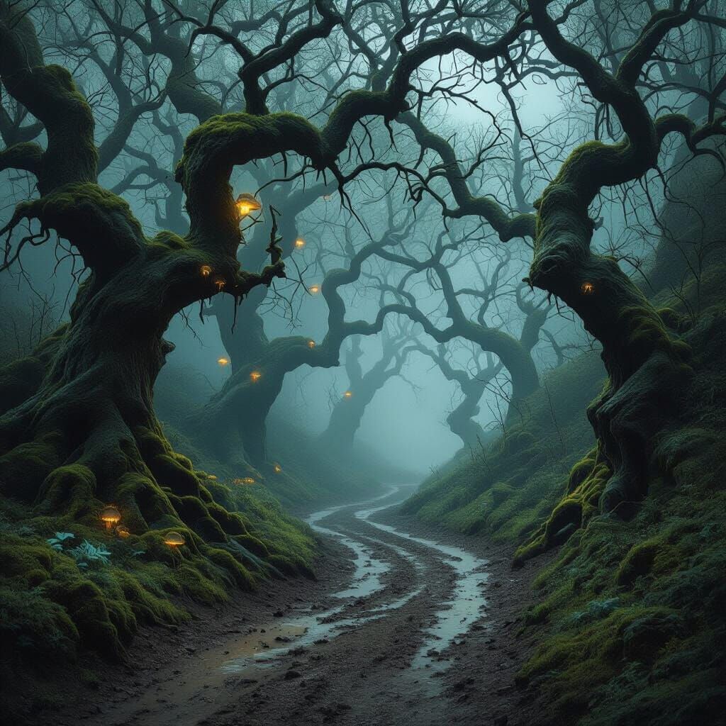 Mystical Forest Path in Ethereal Glow