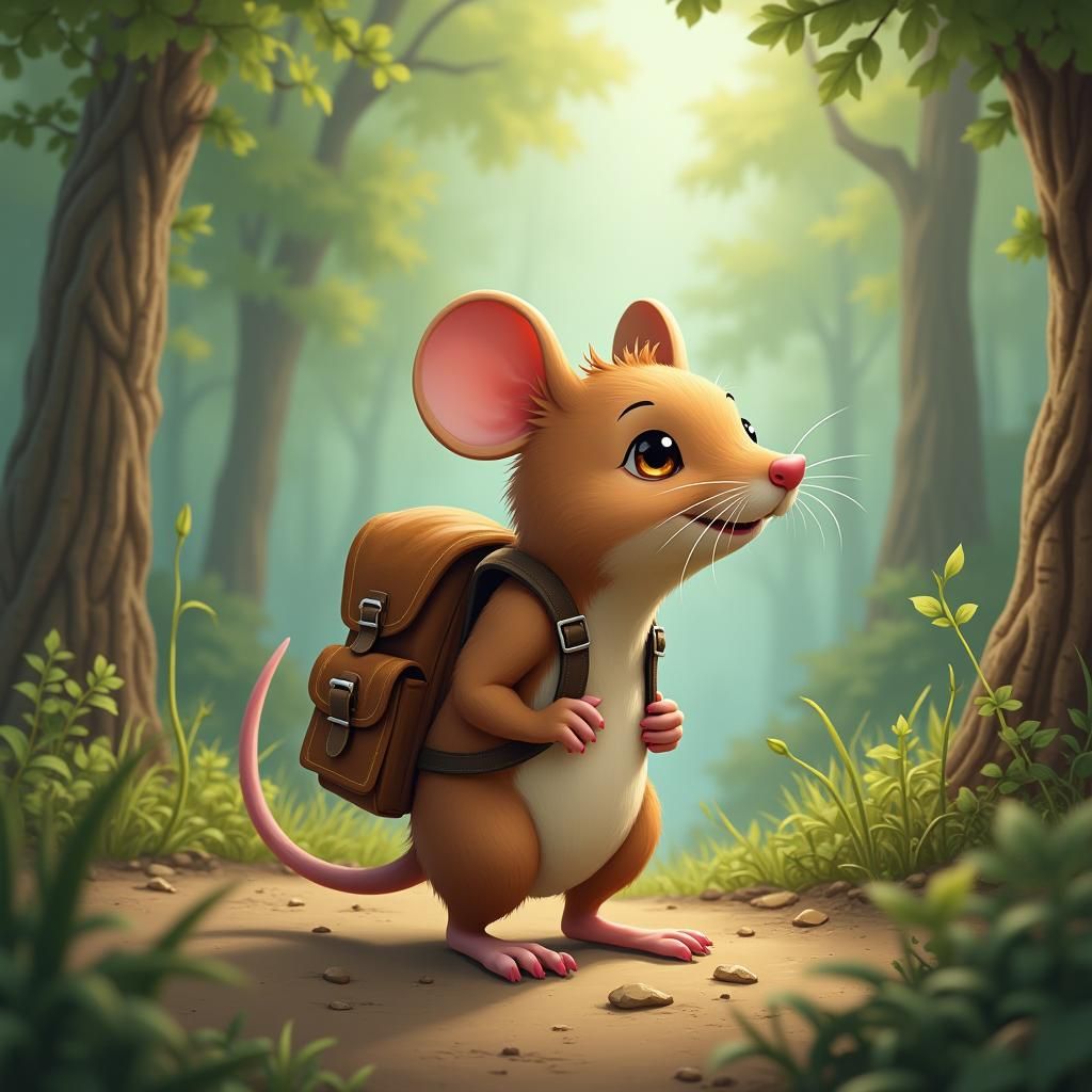 Adventurous Mouse with Backpack in Dreamy Forest
