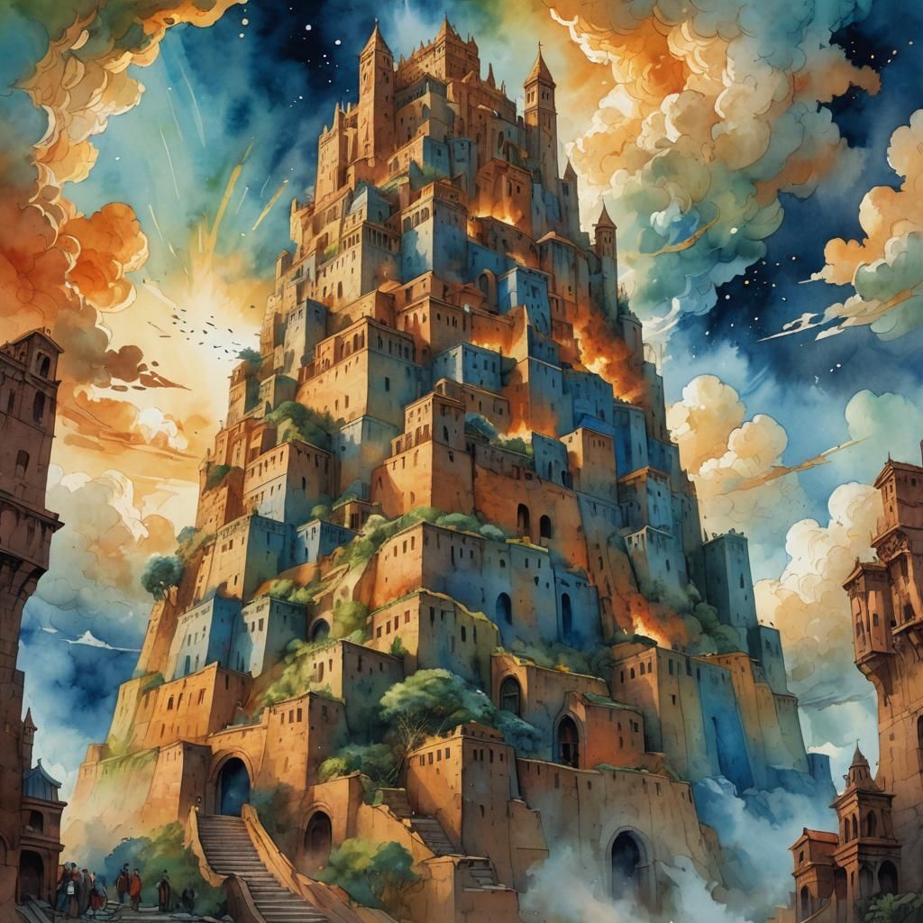 Tower of Babel in Watercolor Art Nouveau Style