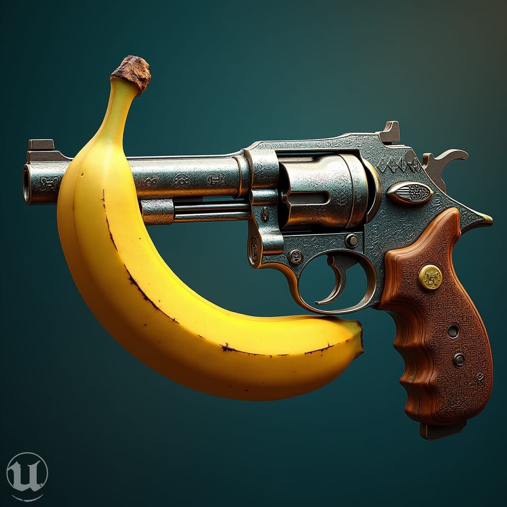 Firearm Cradling Banana: Surreal Fantasy Concept Art