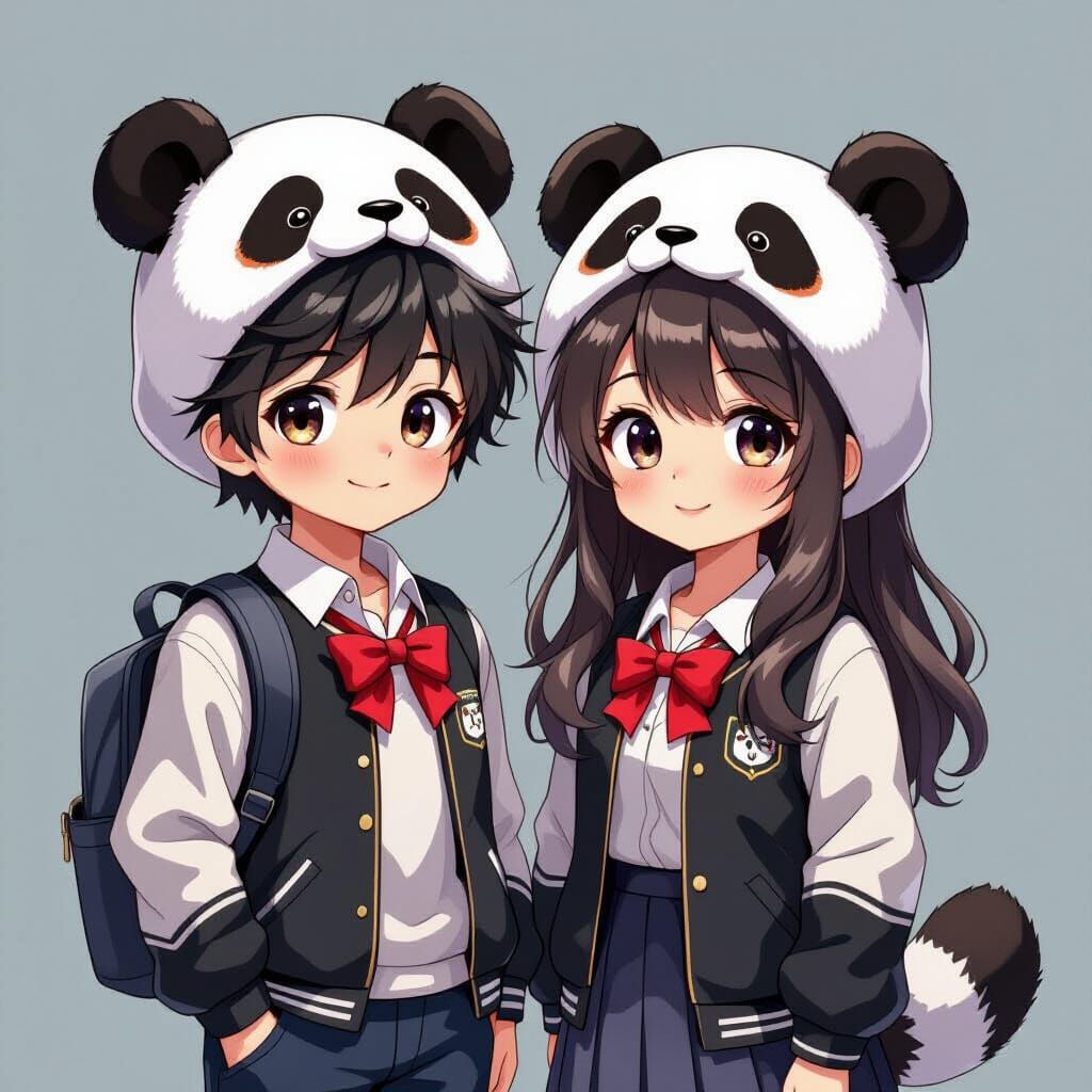 Chinese Panda Twins in Middle School Attire