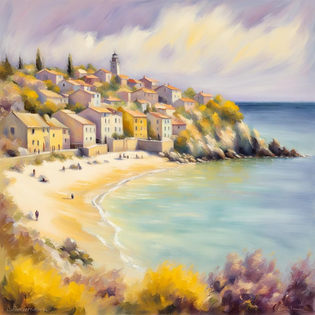 Coastal Town in Pastel Colors, Impressionistic Style
