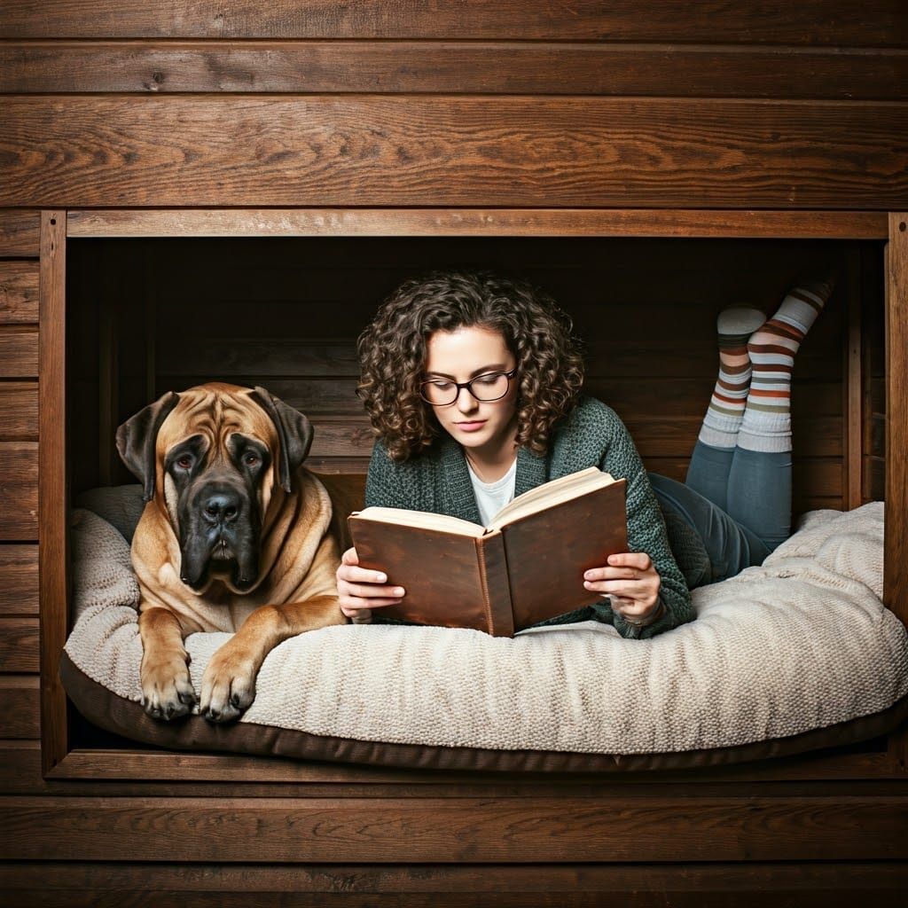 Woman Reading with Dog in Dog Kennel