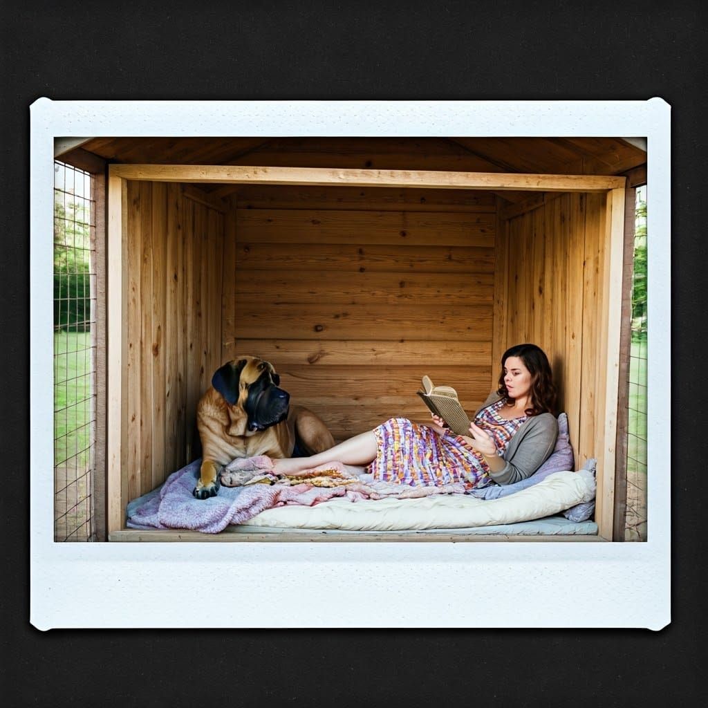 Quirky Woman Reading in Dog Kennel: Polaroid Aesthetic