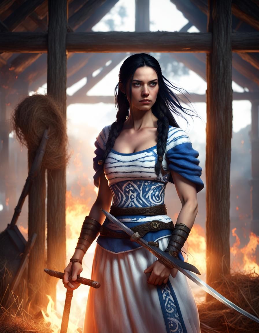 Apprentice Warrior with Sword in Barn, Digital Art