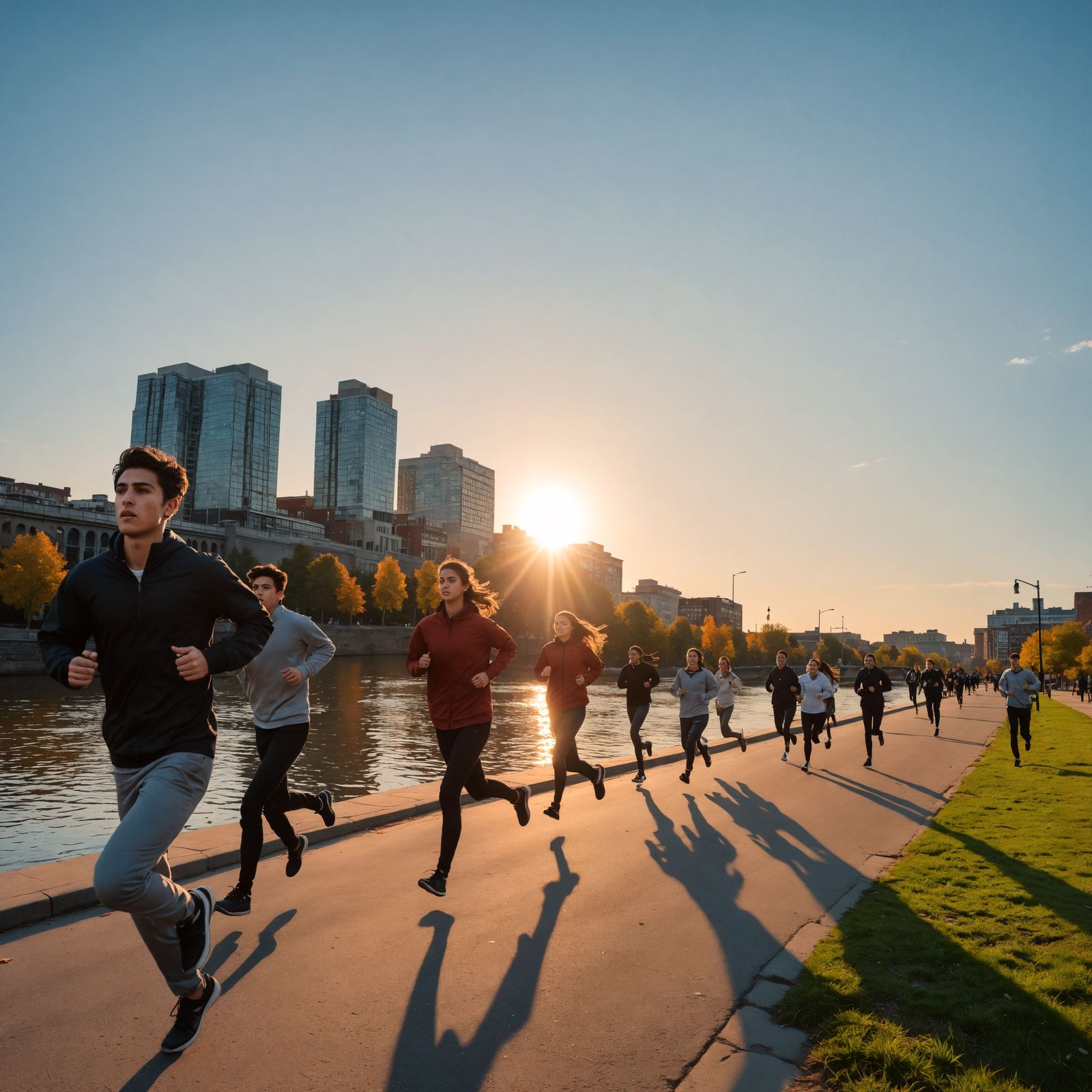 College Students Running Down a City Street in Hyperrealisti...