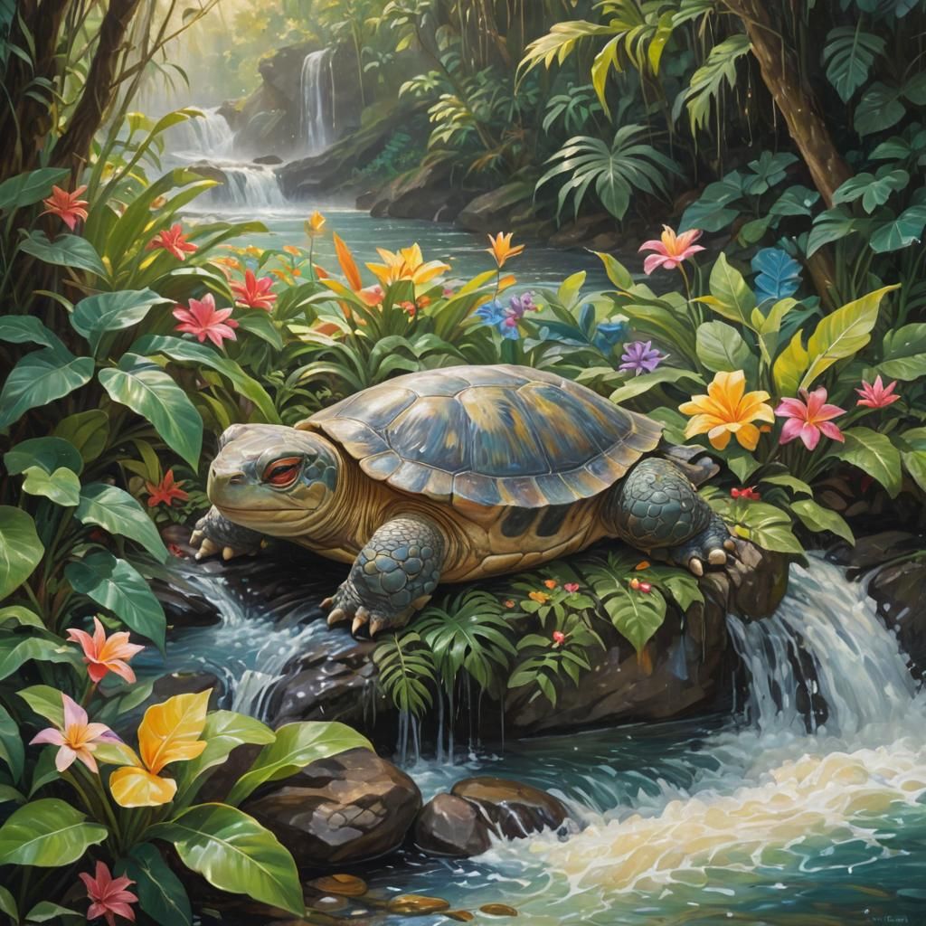 Wartortle Dreaming in Jungle Waterfall: Impressionist Oil Pa...