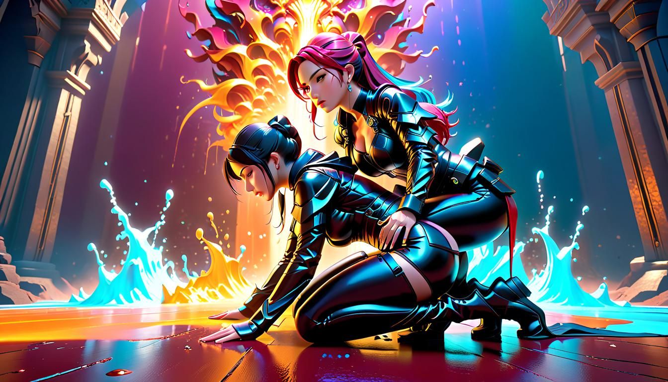 Hyperrealistic Woman Kneeling: Detailed Splash Art