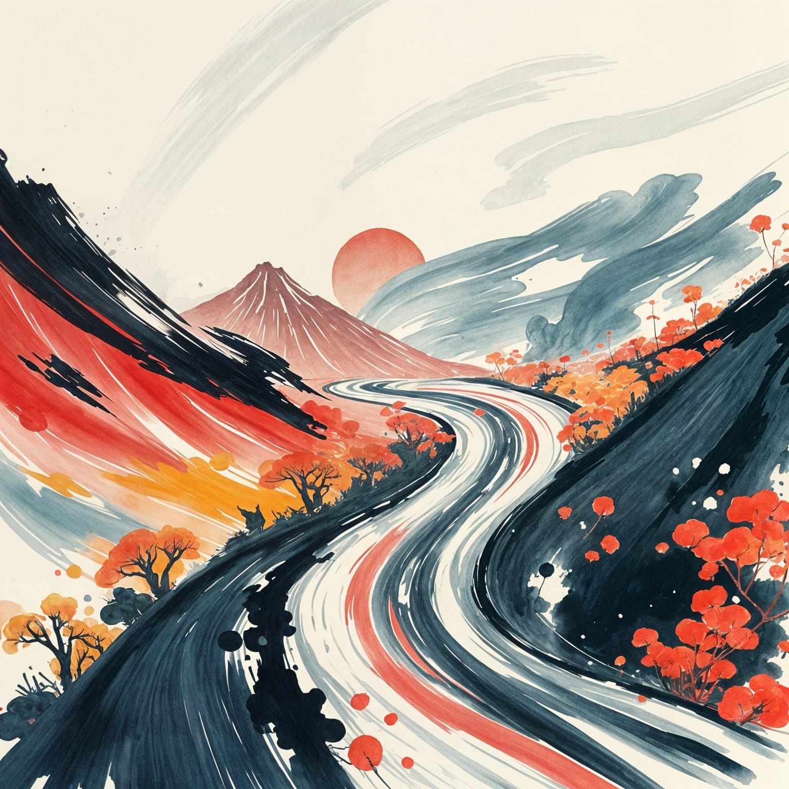 Calligraphic Roads in Flowing Japanese Ink Heaven