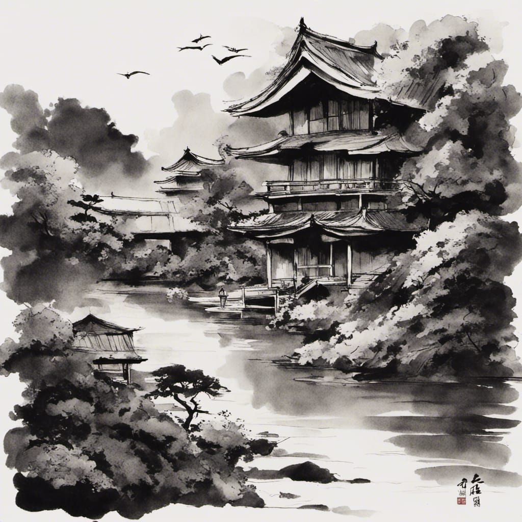 Sumi-e Style Japanese Ink Wash Painting