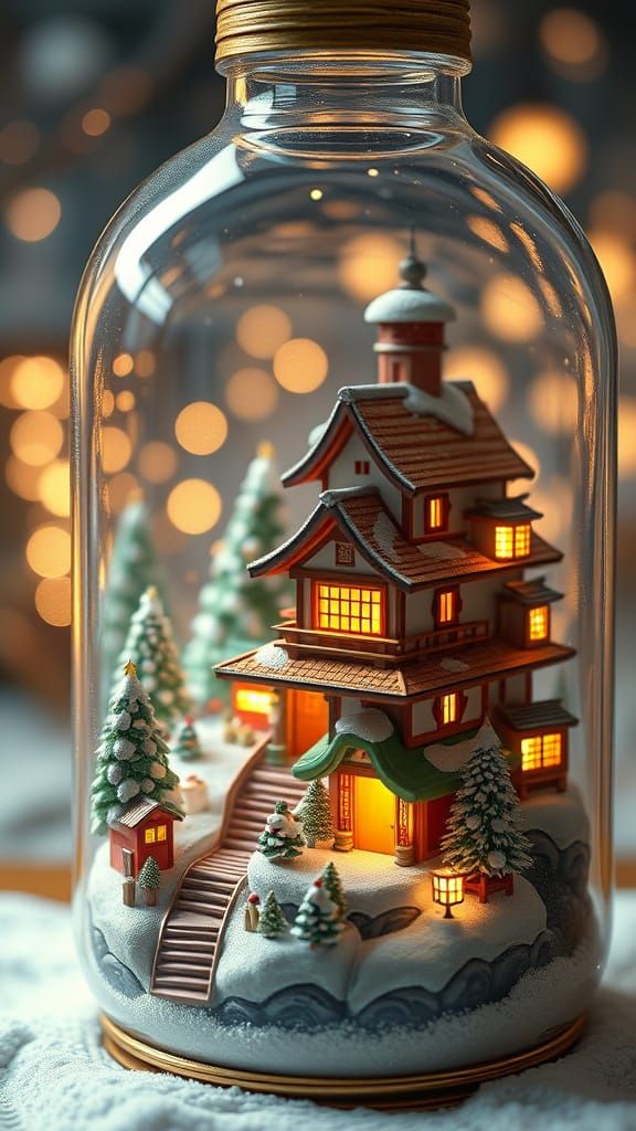 Festive Japanese Christmas Village in a Bottle
