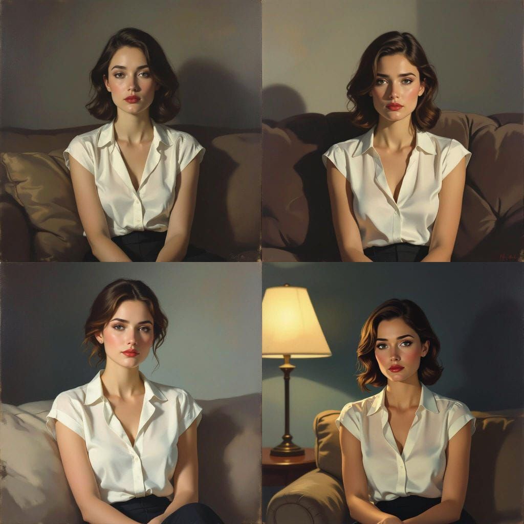 Woman in White Blouse with Disappointed Gaze on Sofa