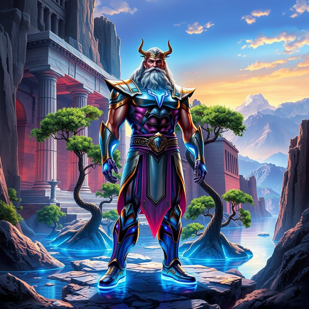 Futuristic Zeus in Celestial Armor, Marvel Comics Style