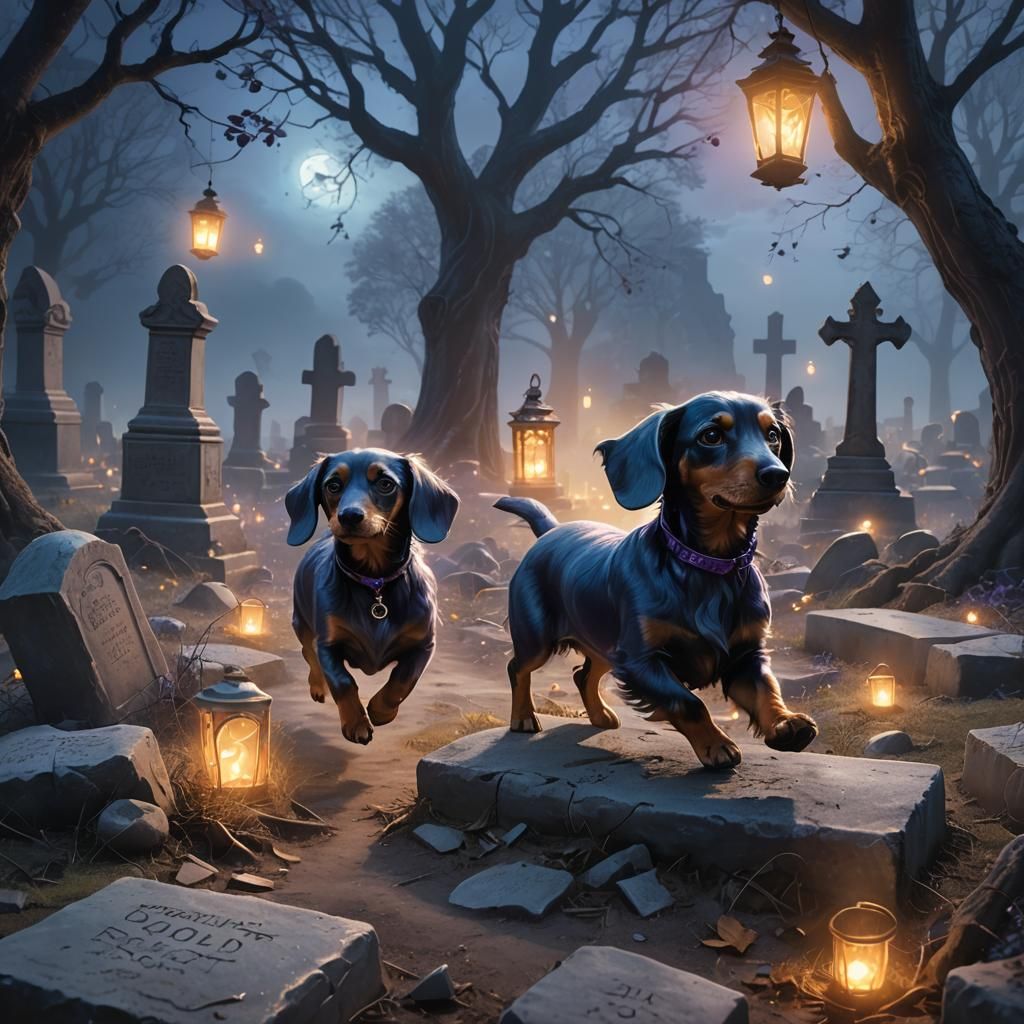 Blue Dachshund Ghost in Cemetery: Fantasy Art