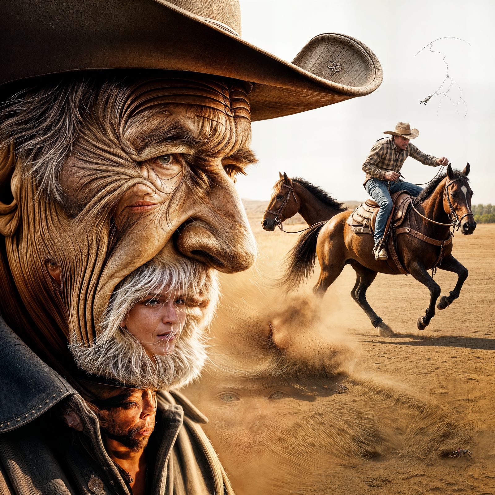 Weathered Cowboy Double Exposure in Cubist Style