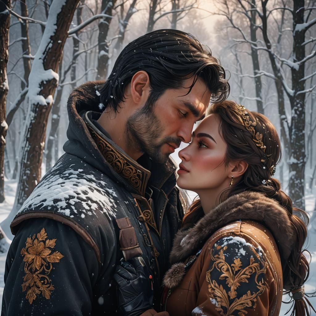 Romantic Kiss in Snowy Woods: Detailed Matte Painting